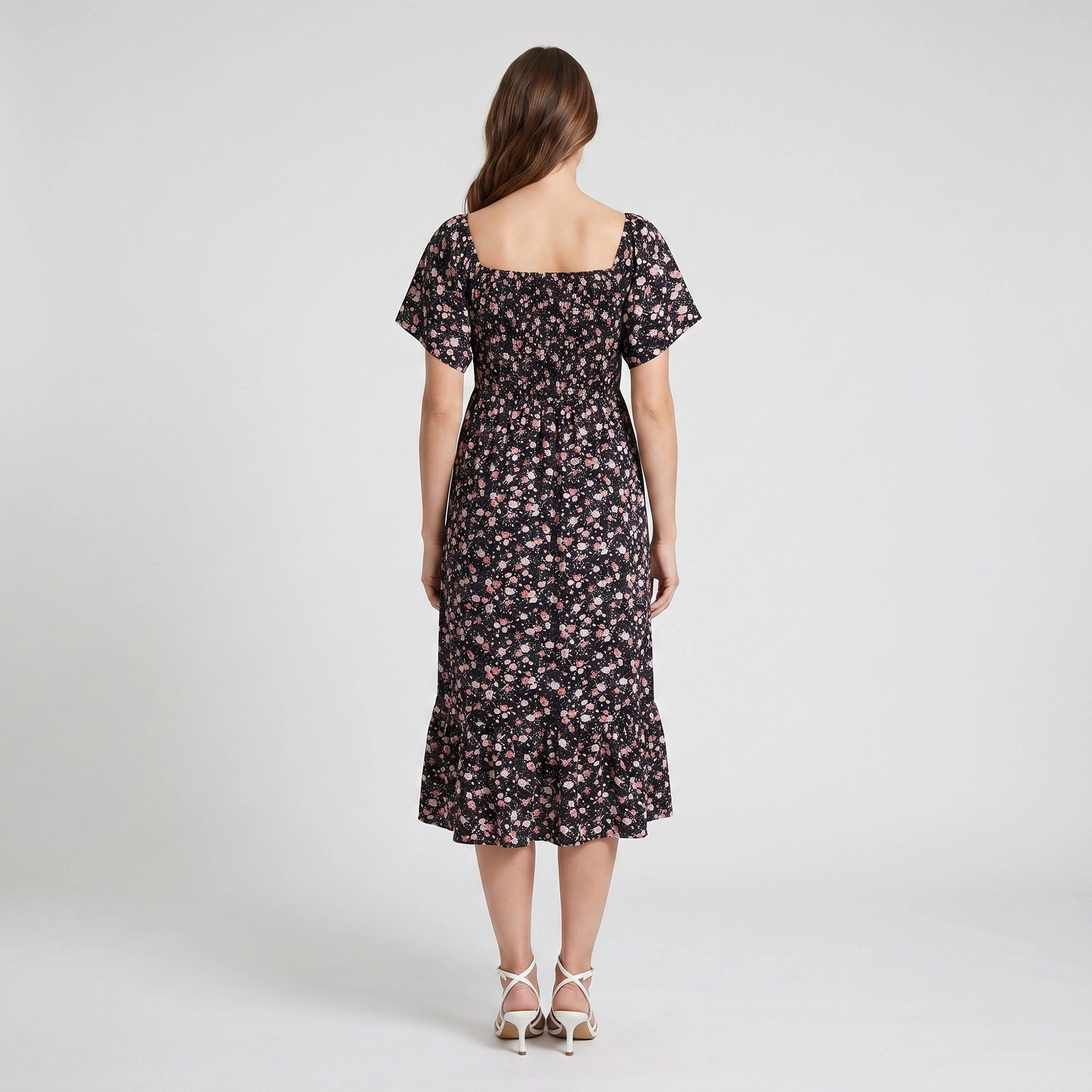 Anna-Kaci Women's Maternity Floral Square Neck Short Sleeve Ruffle Hem Midi Dress