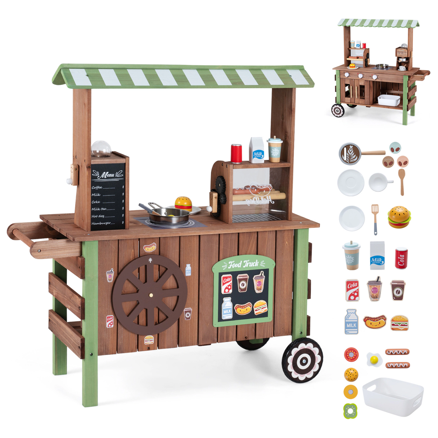 LJG Wooden Grocery Store Playset for Kids with Large Wheels