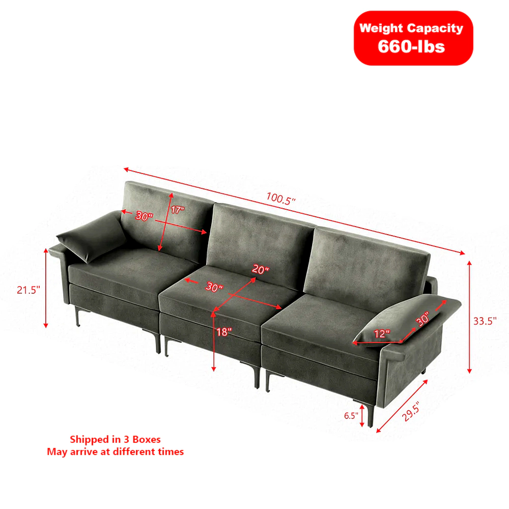 Hivvago Spacious 3-Seater Sectional Sofa with Metal Legs and Built-in Dual USB Ports