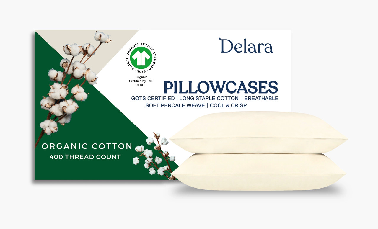 Delara 100% Organic Cotton Percale Pillowcases, GOTS Certified, Smooth & Moisture-Wicking Breathable Bedding