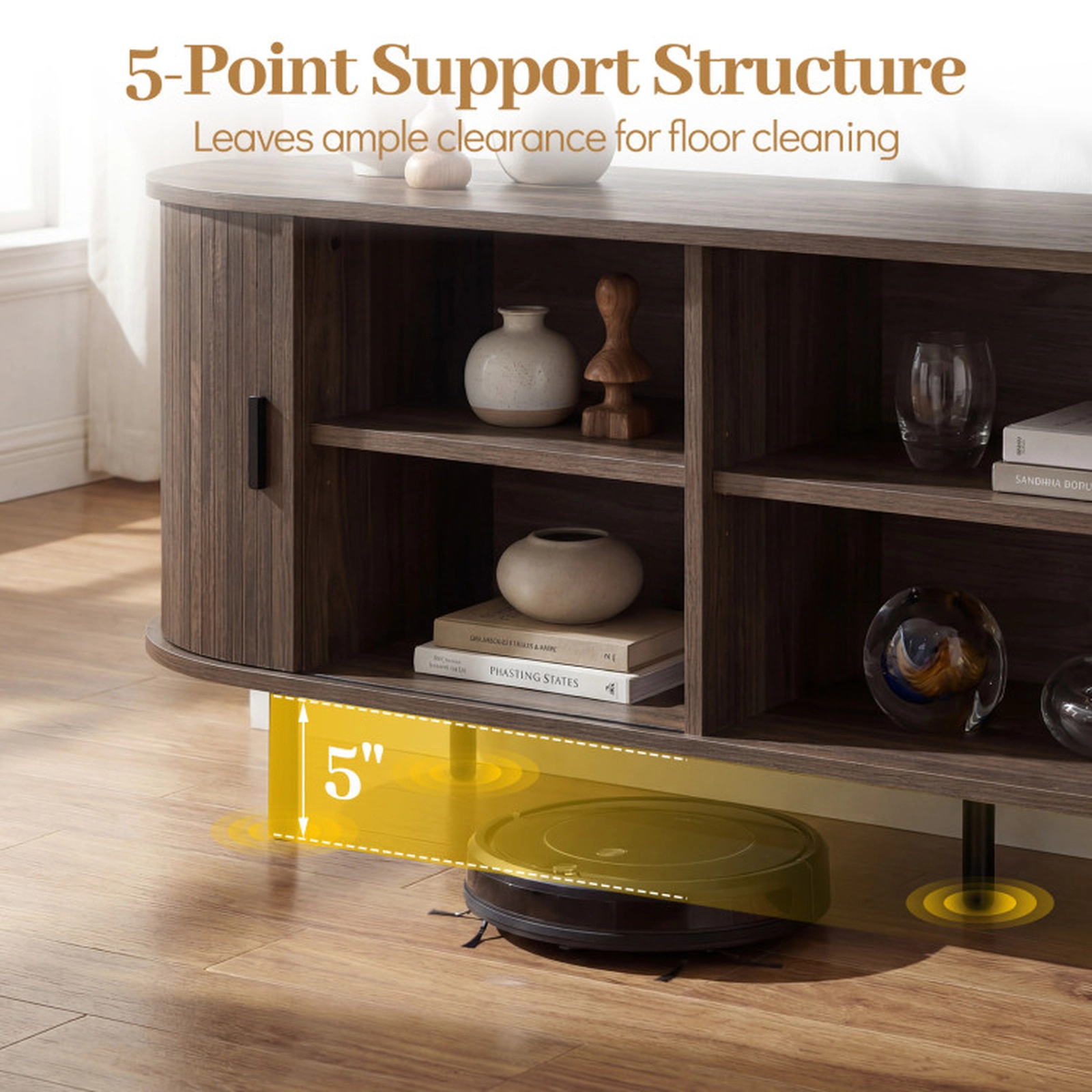SUGIFT Fluted Sliding Doors Modern Media Console TV Stand 71-in x 16-in x 21.5-in 165-lb Capacity 80-in TV Walnut