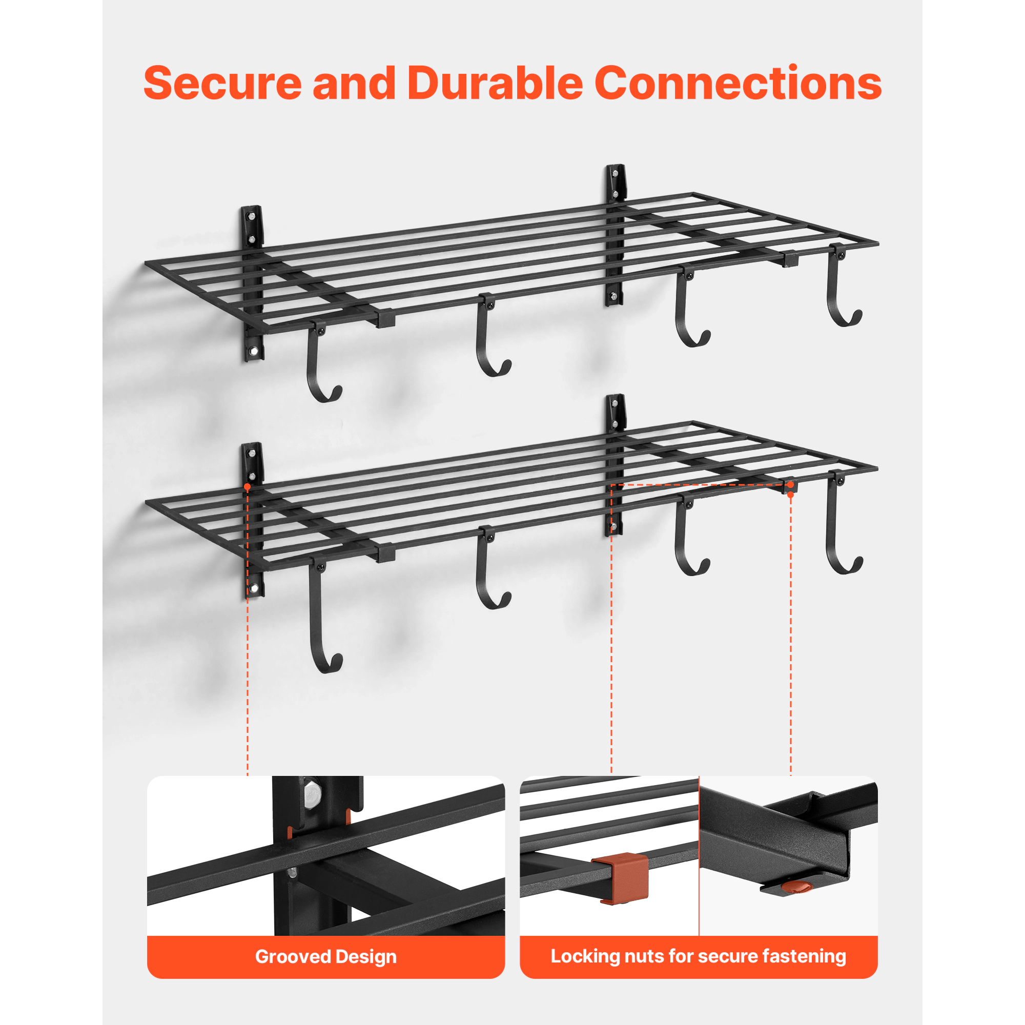 HONGGE 2-Tier Heavy Duty Wall Garage Shelving Steel Wall Mounted Shelving Unit with Hooks Per Shelf Floating Storage