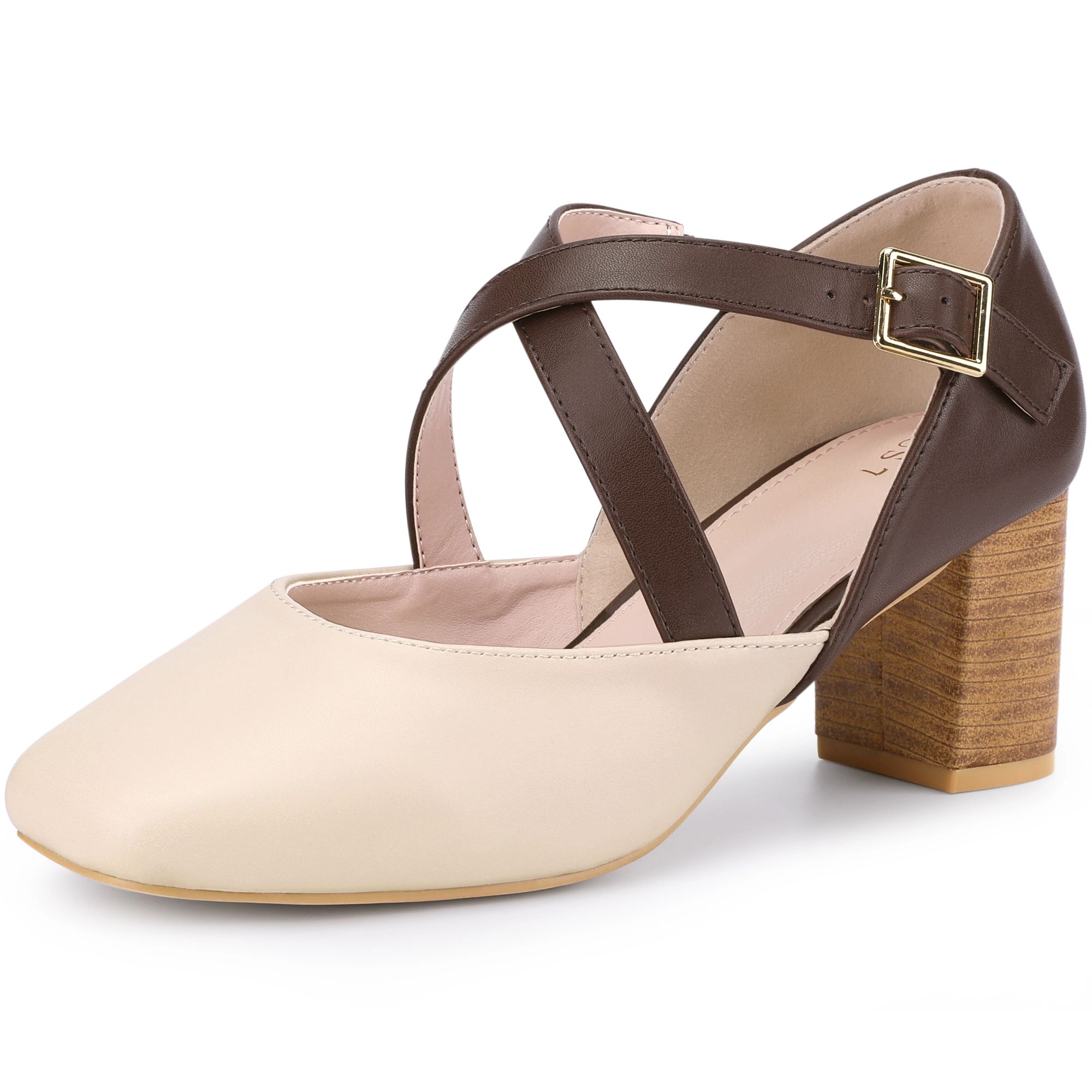 BLISSFUL STEP Women Faux Leather Square Toe Mary Jane Chunky Heels Dress Shoes