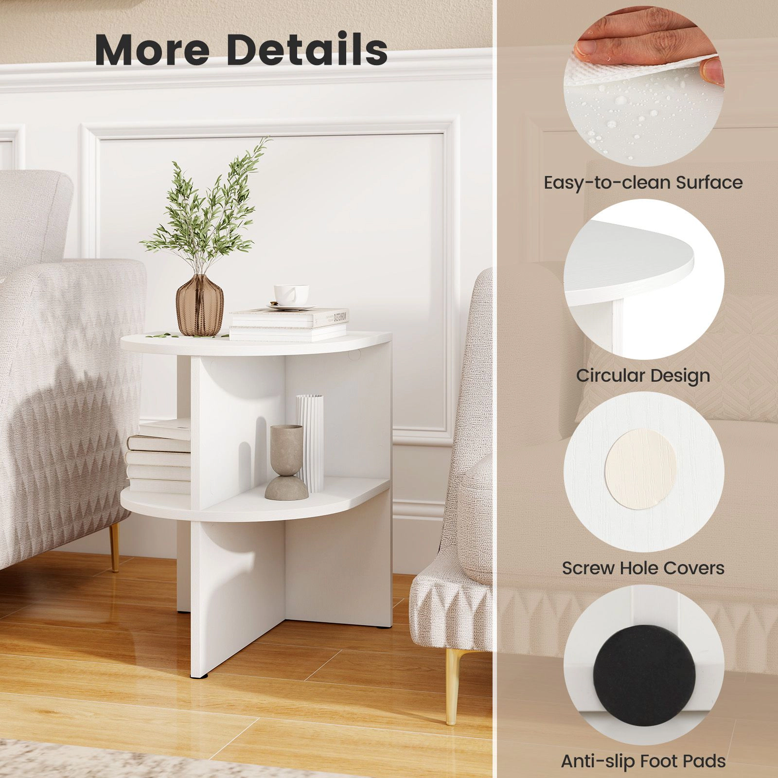 SlickBlue Half Moon Side Table with Open Storage Shelves
