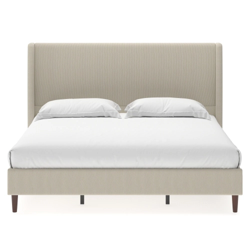 Flynama King Upholstered Bed with High Linen Headboard, 12-Slat Support, Beige