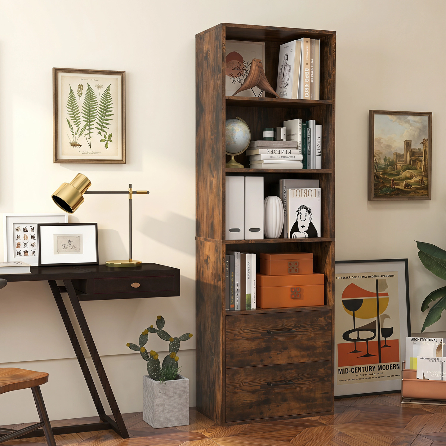 LJG 6-Tier Tall Freestanding Bookshelf with 4 Open Shelves and 2 Drawers