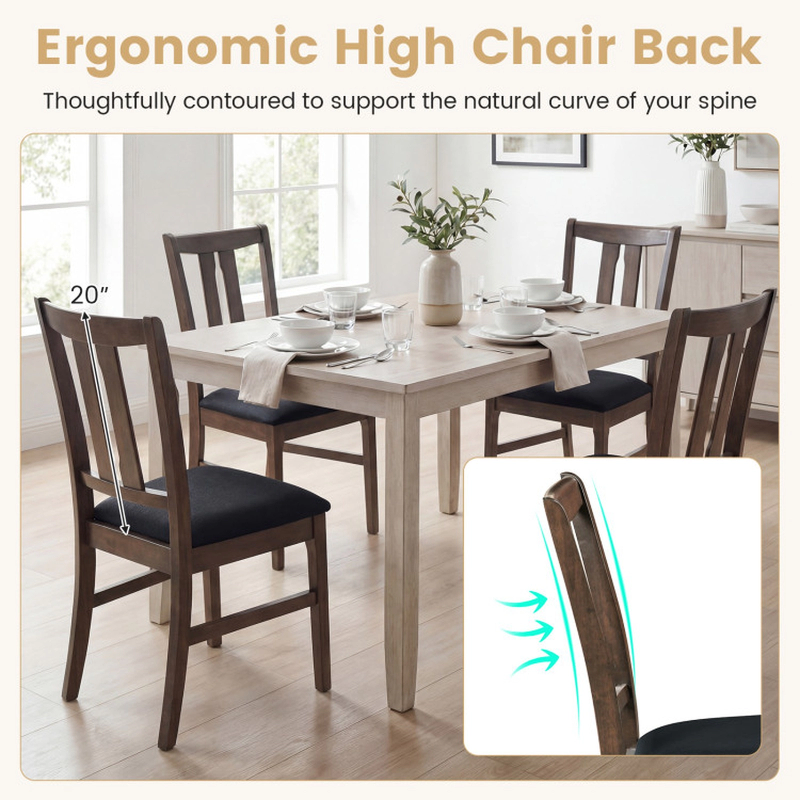 SUGIFT Upholstered Dining Chairs with High Curved Back 330-lb Capacity Walnut+Black Gray+White