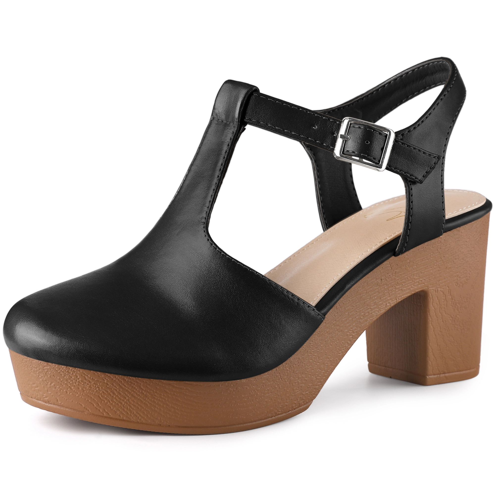 BLISSFUL STEP Women's T-Strap Chunky Heels Round Toe Platform Sandals