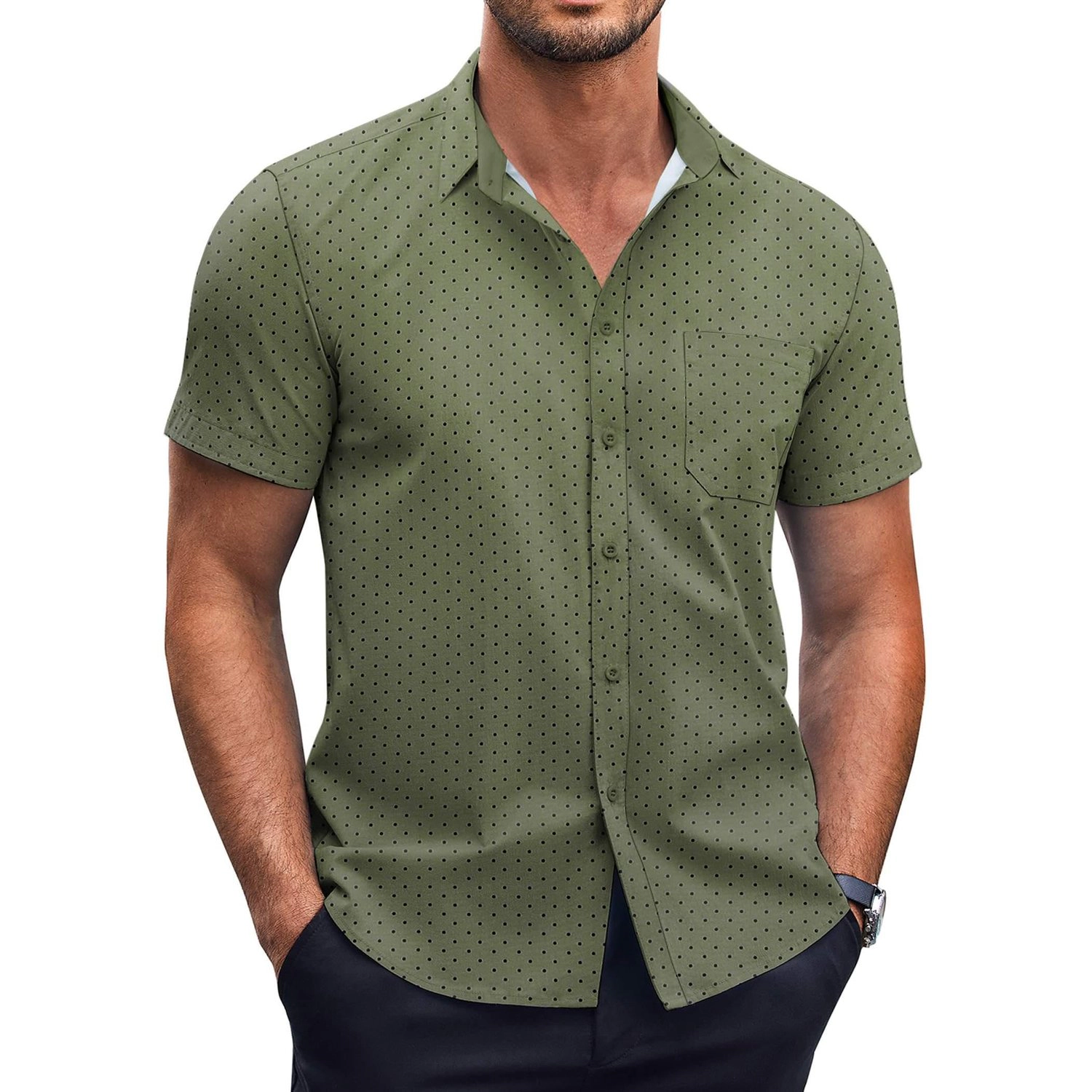 COOFANDY Mens Short Sleeve Button Down Shirts Polka Dot Lapel Collar  Tops