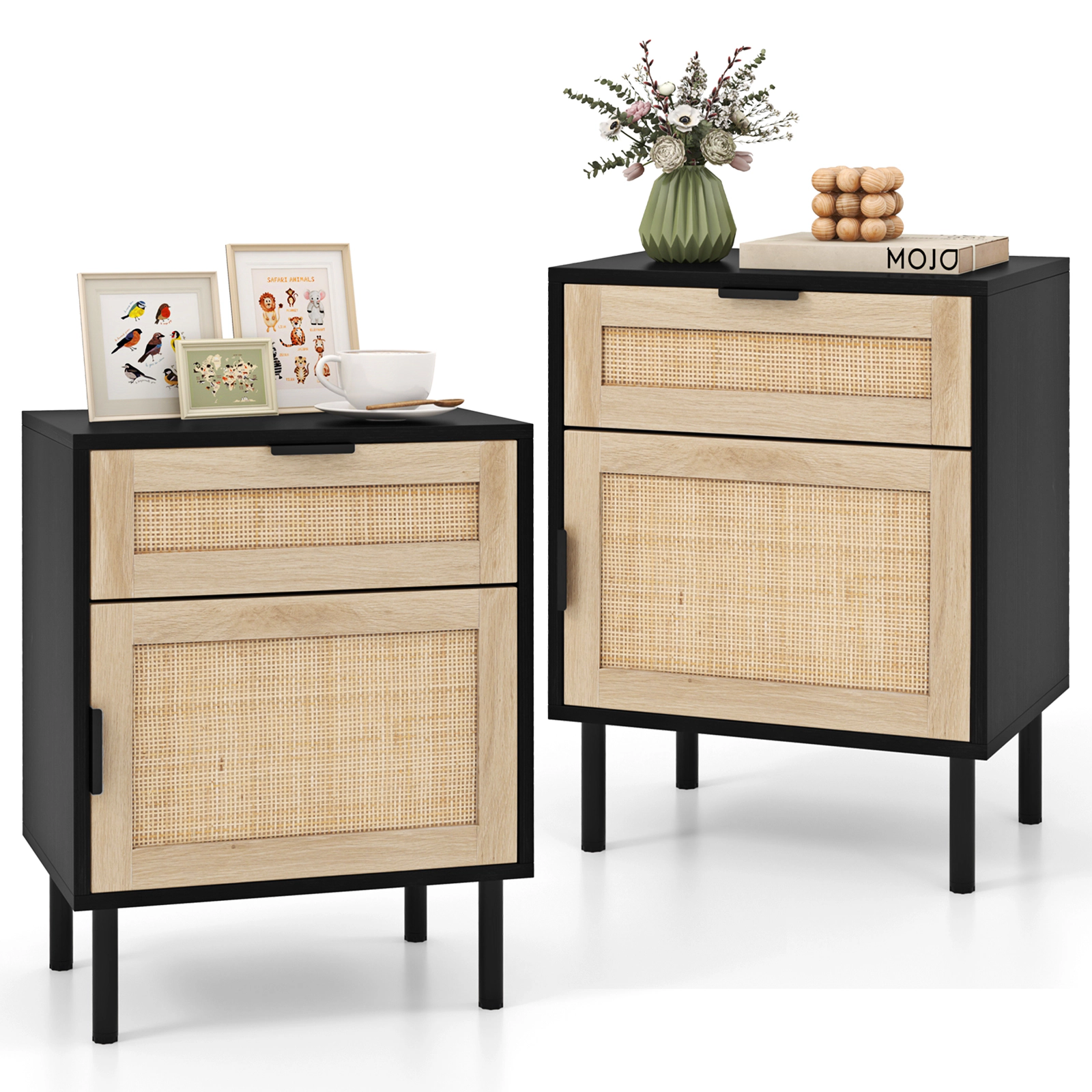 Glintex 2-Piece Rattan Nightstand Set with Soft-Close Hinge Cabinet and Anti-Toppling Kit, Natural