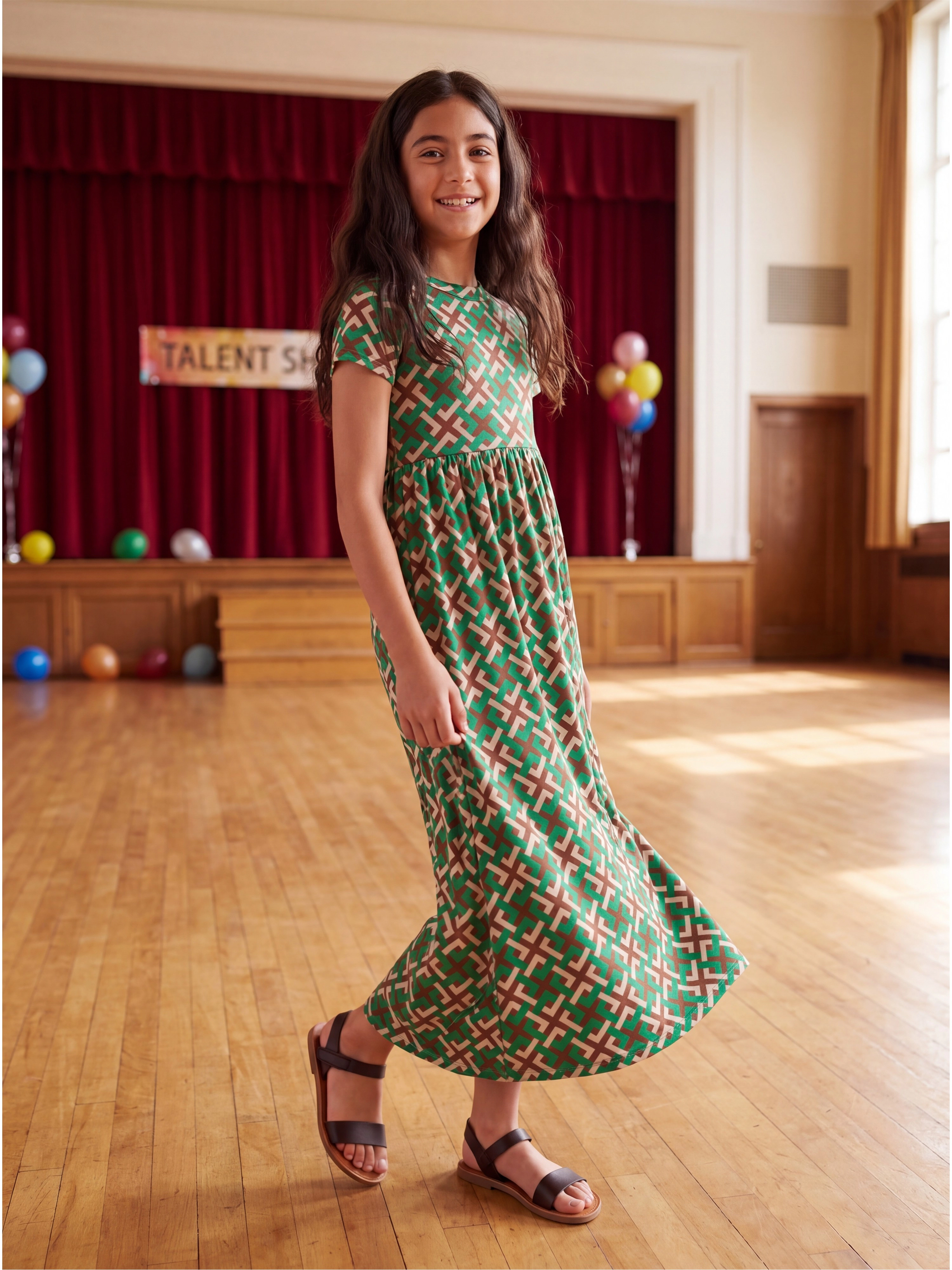 24sevenKid Essential Girls Short Sleeve Green Maxi Dress