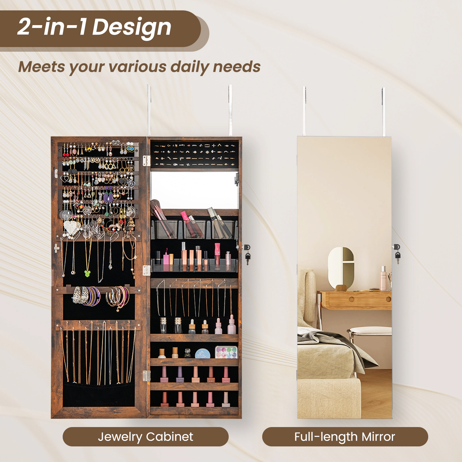 SUGIFT 43.5-in Rustic Brown Jewelry Storage Cabinet with Full-Length Mirror and Lockable Necklace Organizer