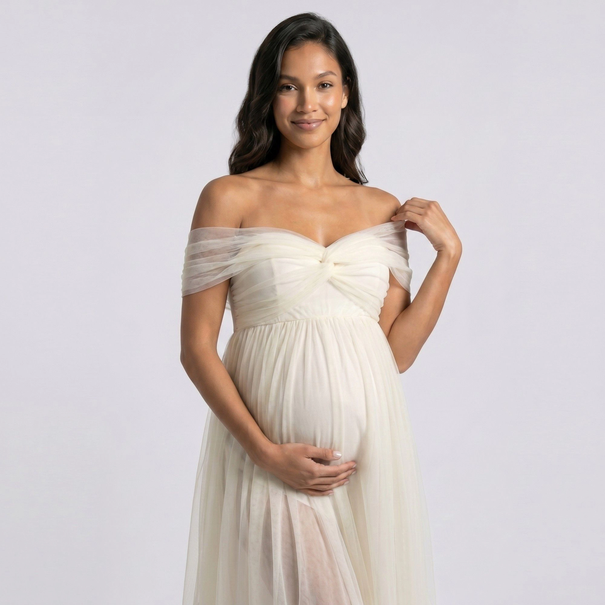 Anna-Kaci Women's Off Shoulder Ruched Bodice Front Slit Maternity Maxi Dress