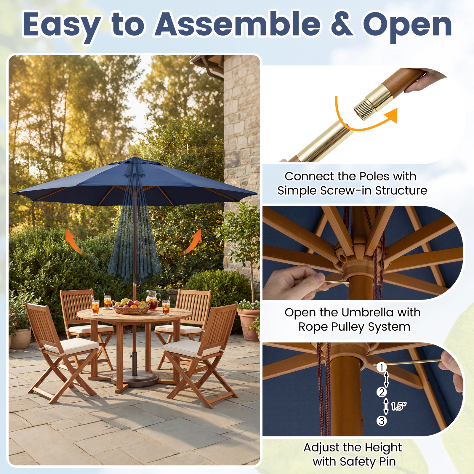 SUGIFT 9-ft Patio Market Umbrella 8 Bamboo Ribs 9-ft Canopy 1.5-in Pole Outdoor Table Umbrella Navy Natural 2-Piece Set