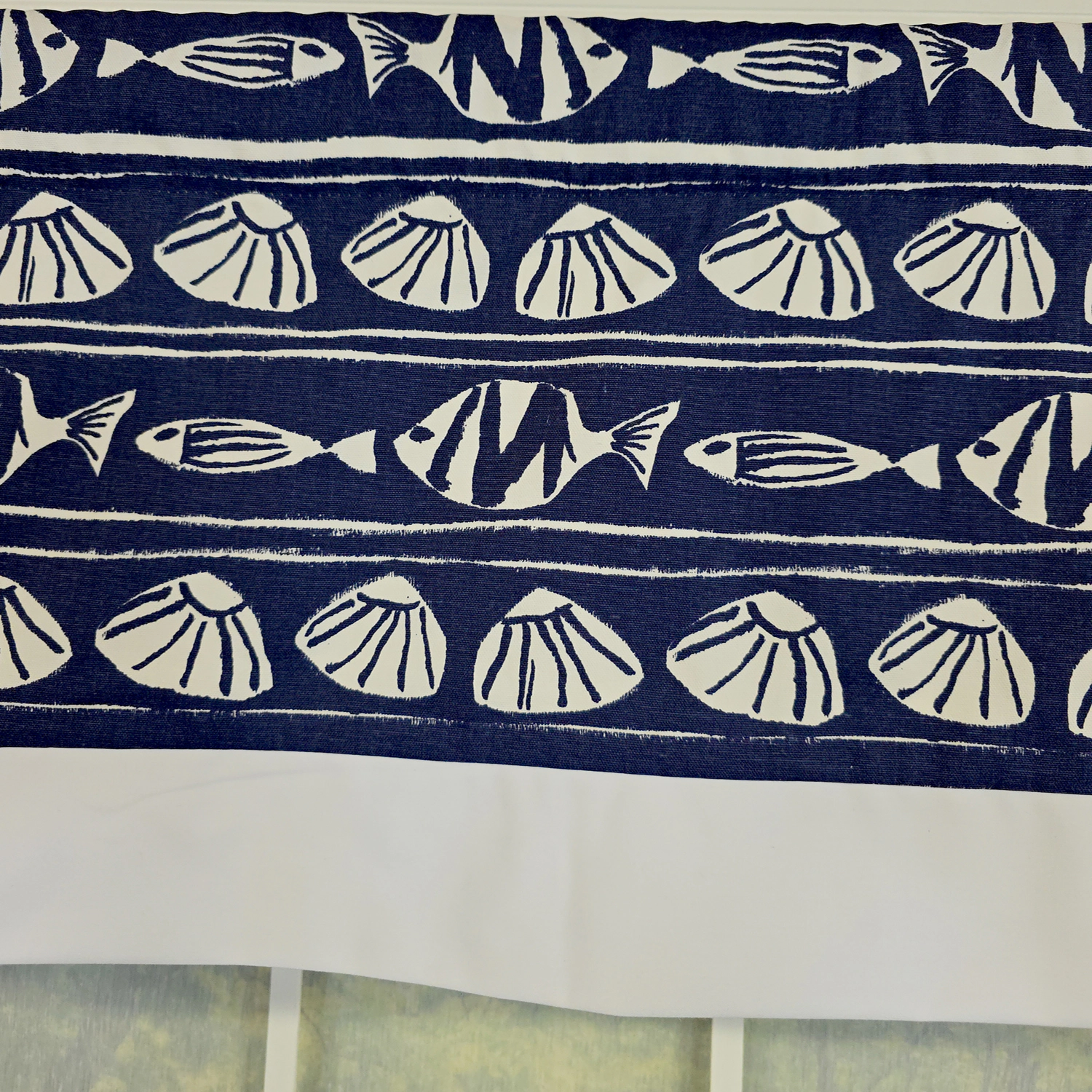 RLF Home She Shells Banded Valance Collection - 100% Cotton with Ivory Lining 50" x 16"  Navy