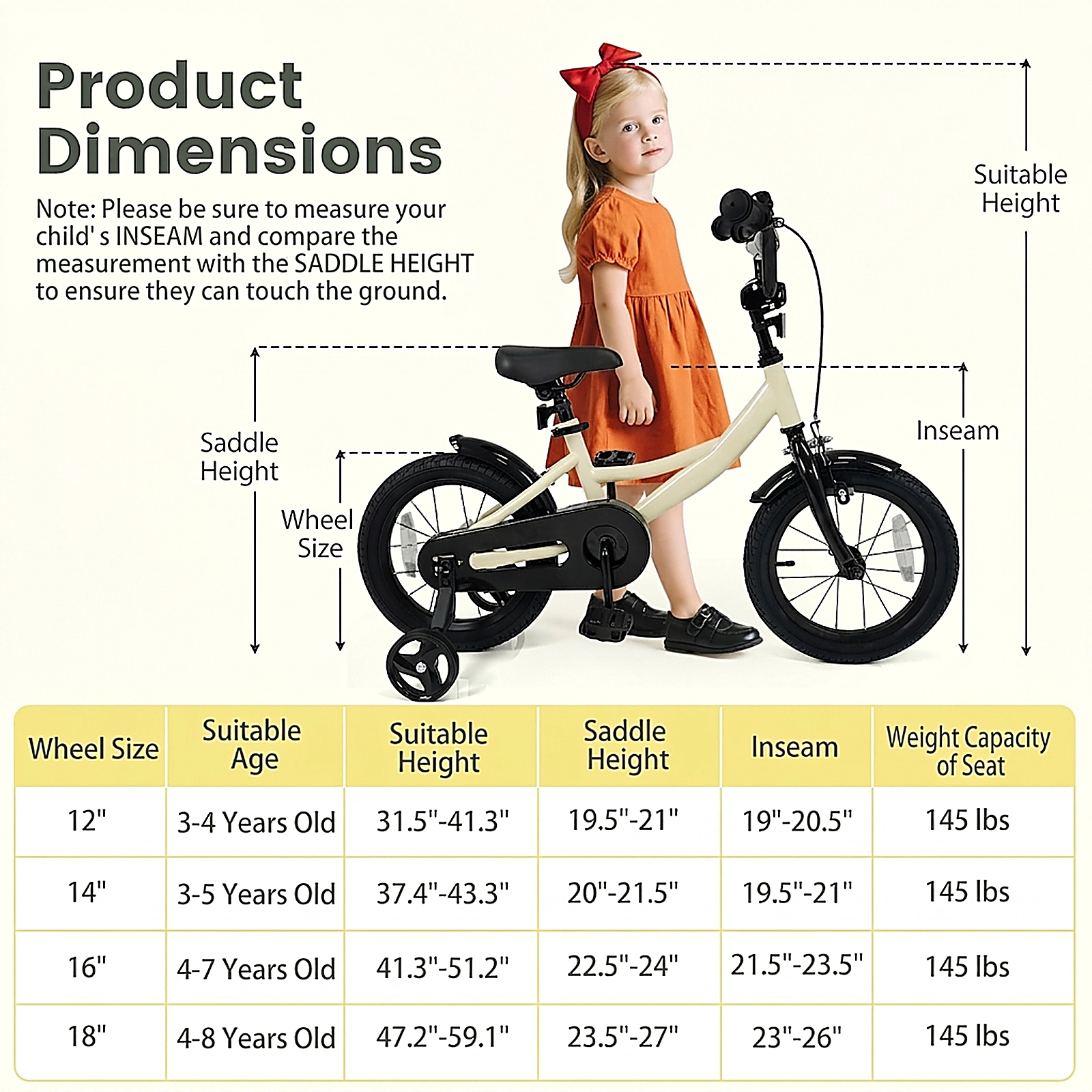 SUGIFT Adjustable Kids Sport Bicycle with Removable Training Wheels 145-lb Capacity Ages 3-5 Years 14-in Wheels