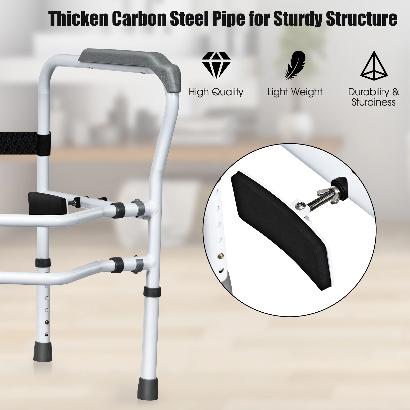 SUGIFT Adjustable Steel Toilet Safety Rail with Fixable Clip 300-lb Capacity White Gray