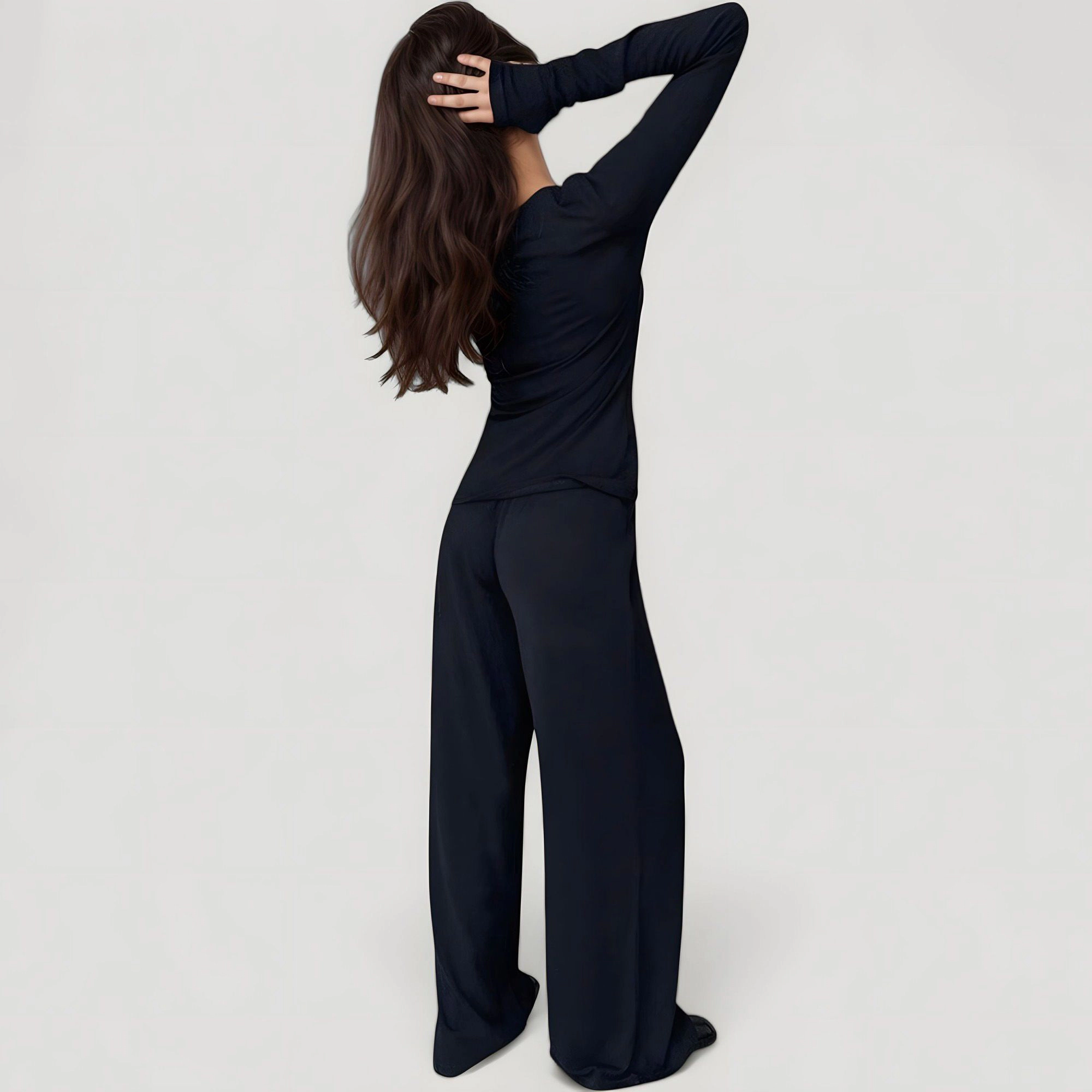 Anna-Kaci Women's Long Sleeve Woven Pajama Set with Fitted Crew Neck Top and Wide Leg Pants