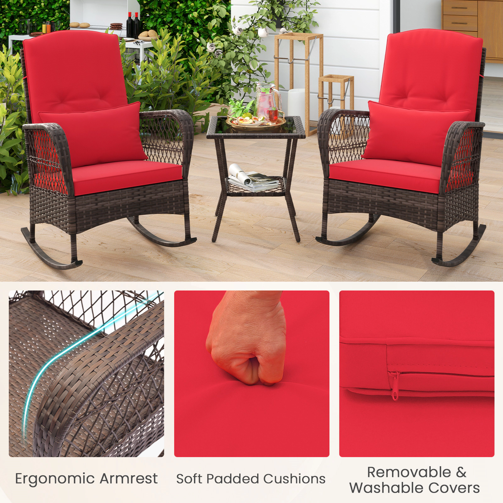 SUGIFT 3-Piece Rocking Bistro Conversation Set 2-Tier Coffee Table 440-lb Rocker Capacity Mix Brown Rattan Red Cushions