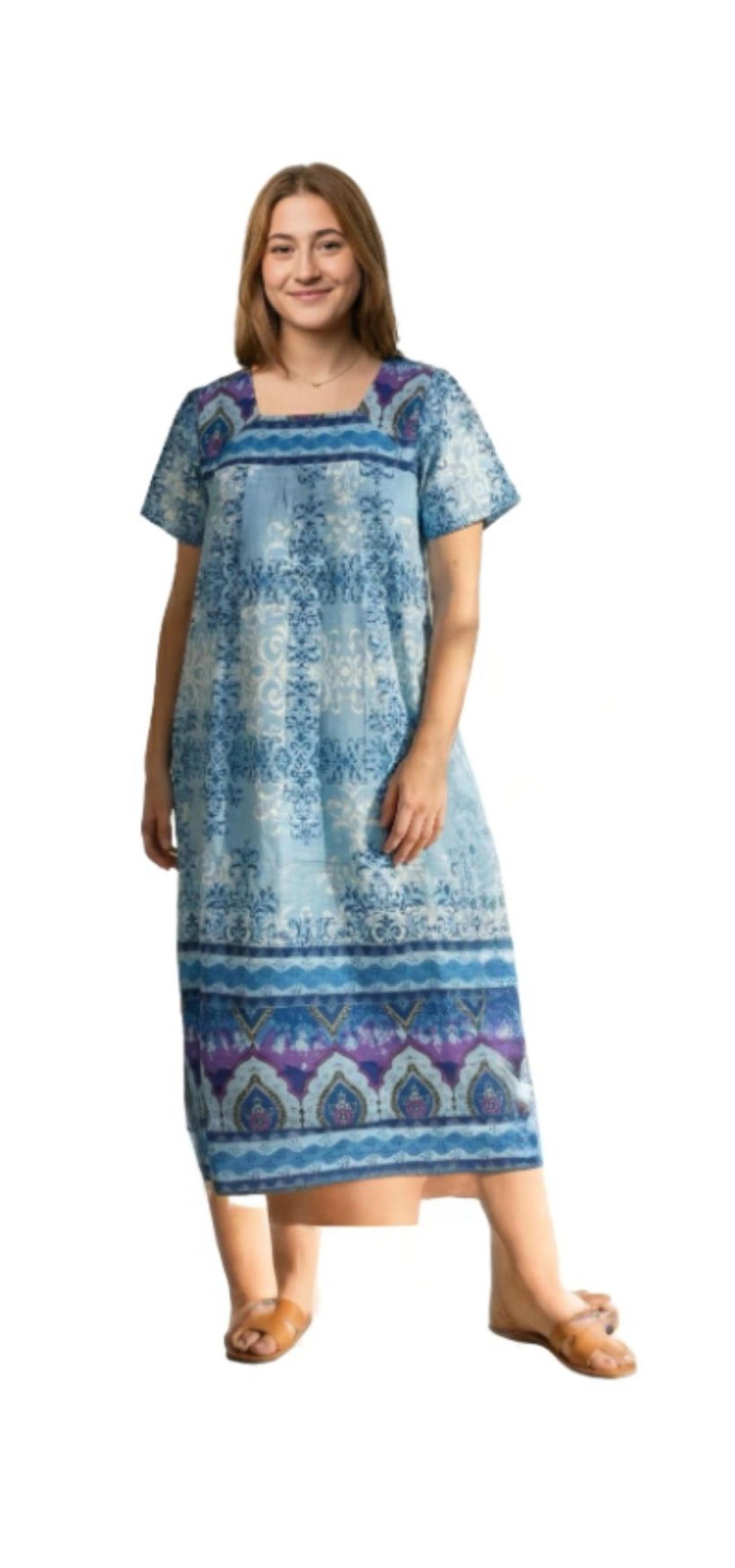 Loungees Border Print Cotton Lounge Dress House Caftan Square Neck Yoke Short Sleeve