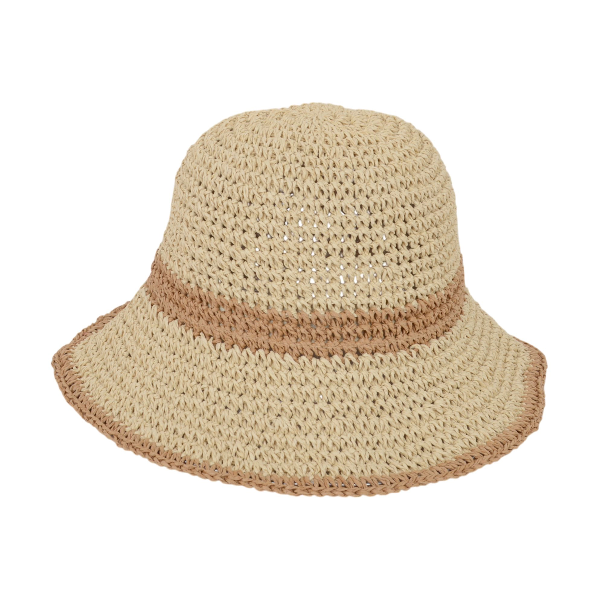 Anna-Kaci Women's Packable Crochet Straw Bucket Hat with Two-Tone Design Lightweight Summer Sun