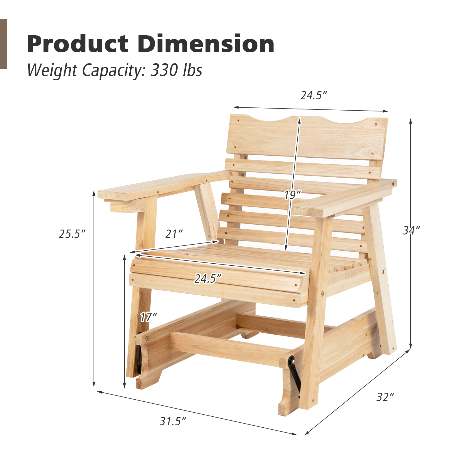 SUGIFT Outdoor Fir Wood Rocking Chair with High Back and Widened Armrests 330-lb Capacity Natural