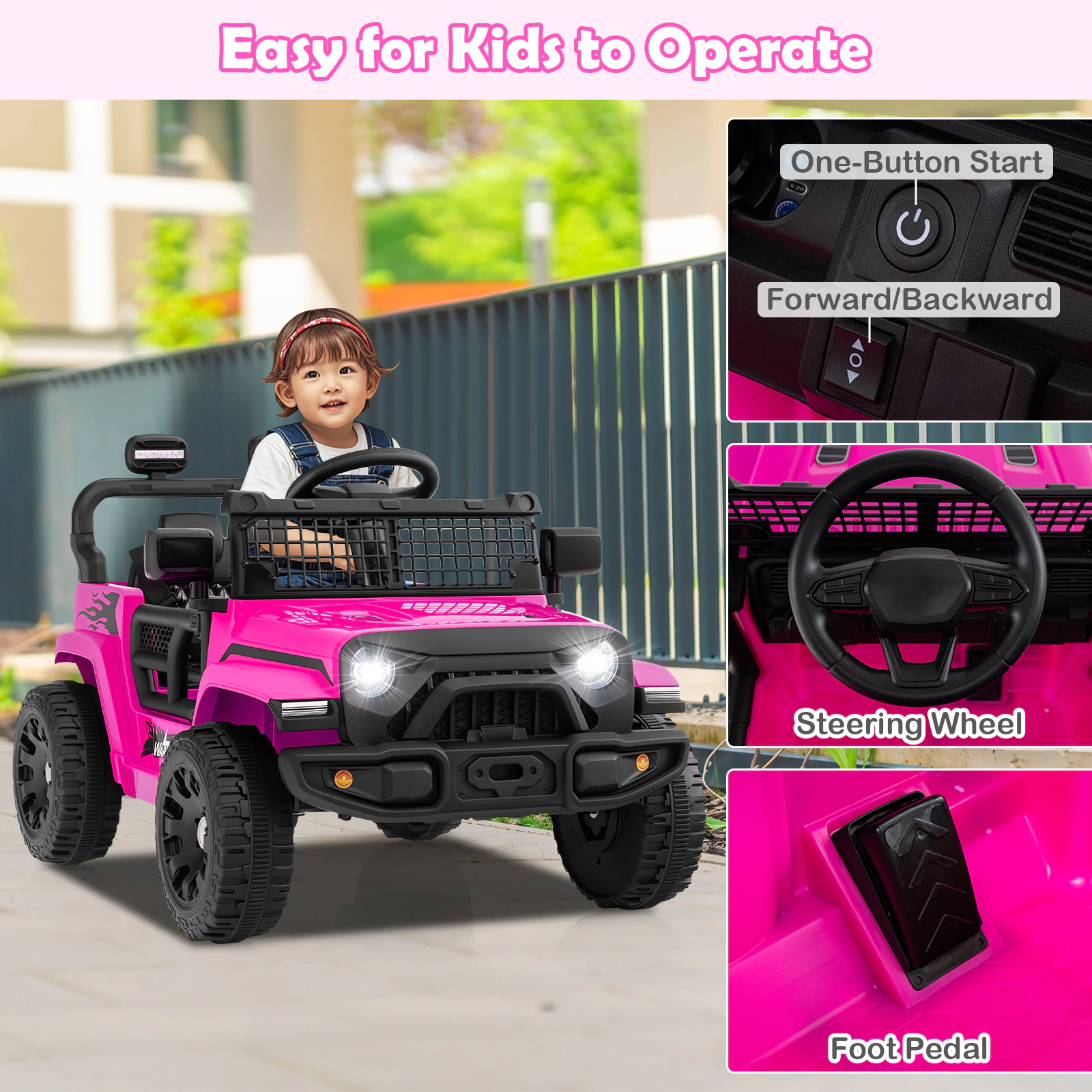 12V Kids Ride On Truck Parent Remote Emergency Brake Lockable Doors Foldable Rearview Mirrors Ages 3+ Pink