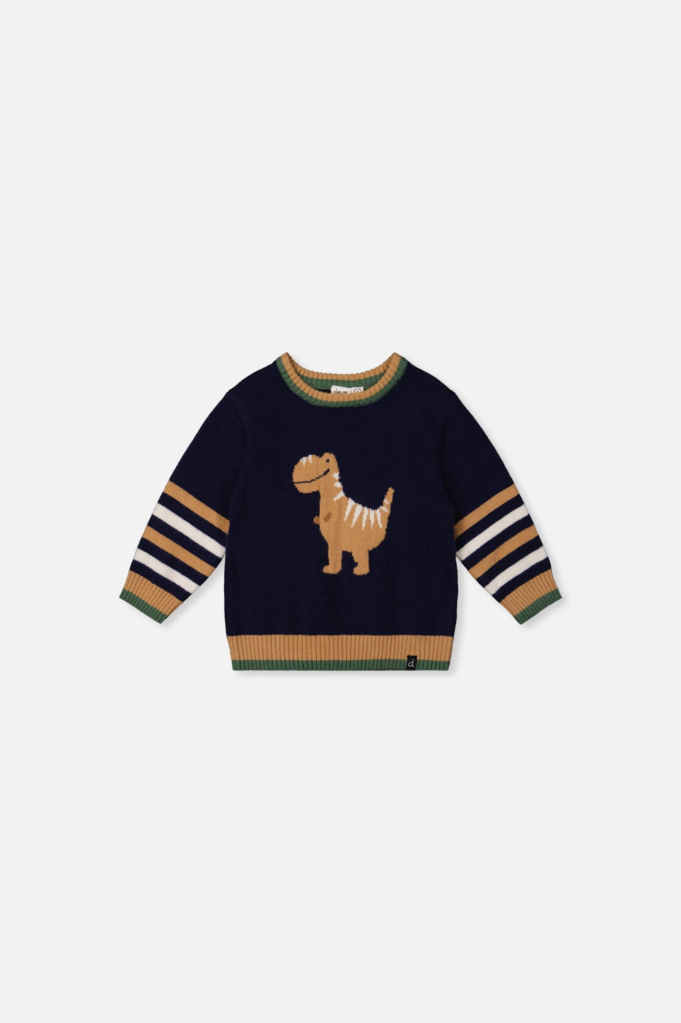 Deux par Boys Knit Crewneck Sweater with Dino Intarsia and Striped Ribbed Trim