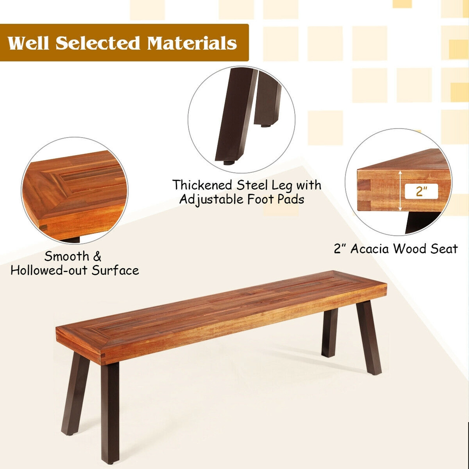 SUGIFT Set of 2 60-Inch Acacia Wood Outdoor Dining Benches, Steel Frame, Levelers, 700-Lb Capacity