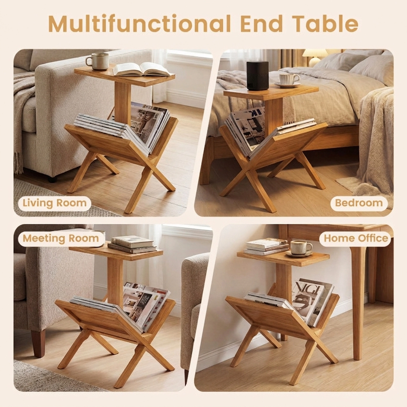 SUGIFT Natural Teak Wood Side Table, 20.5 in, Magazine Rack and Open Storage Shelves