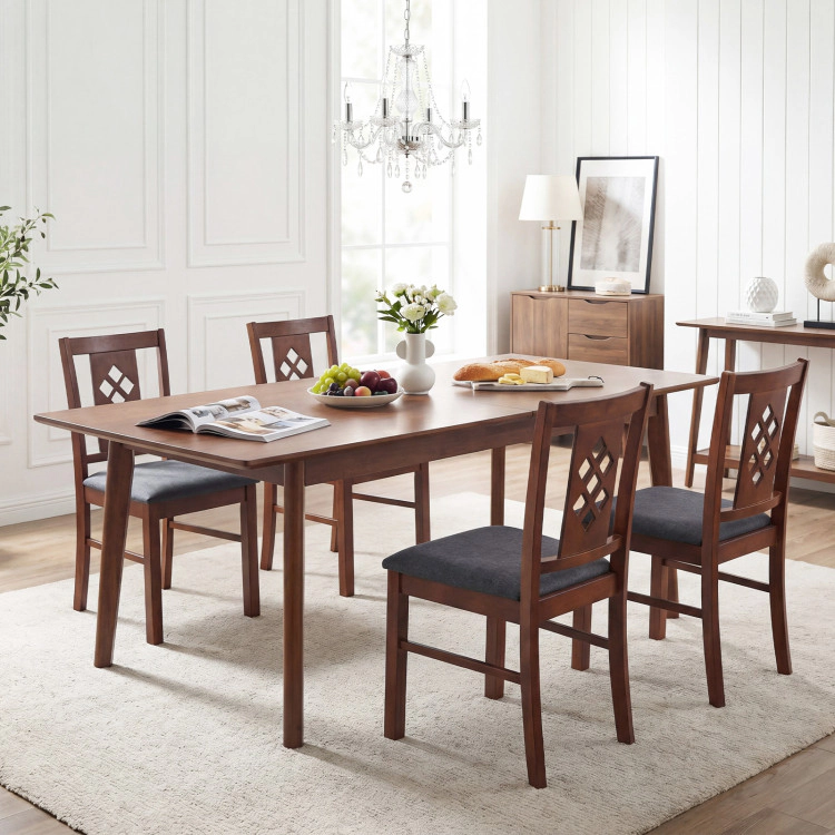 SUGIFT Cherry Linen Style Upholstered Diamond Lattice Back Wood Frames Set of 4 Kitchen Chairs