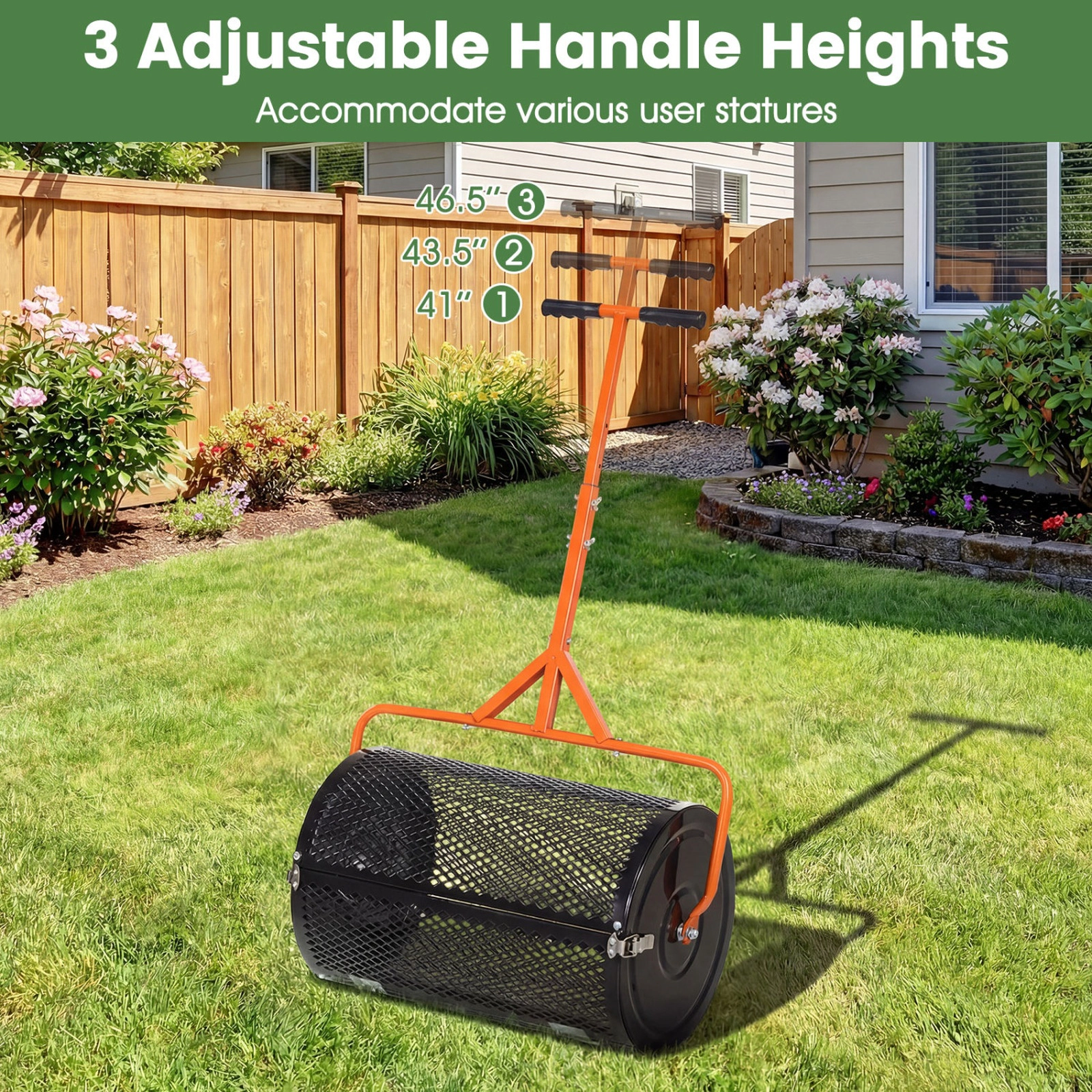 SUGIFT Orange 24-in Compost Spreader Peat Moss Topdressing Roller with 2.7-cu ft Basket and T-Handle