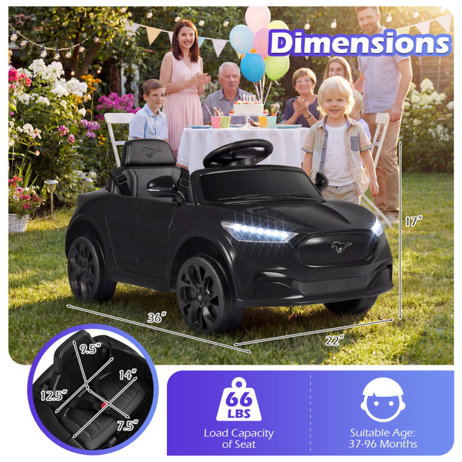 SUGIFT 12V Black Kids Ride-On Car with Licensed Ford Mach E Body Parent Remote and Horn 66-lb Rider