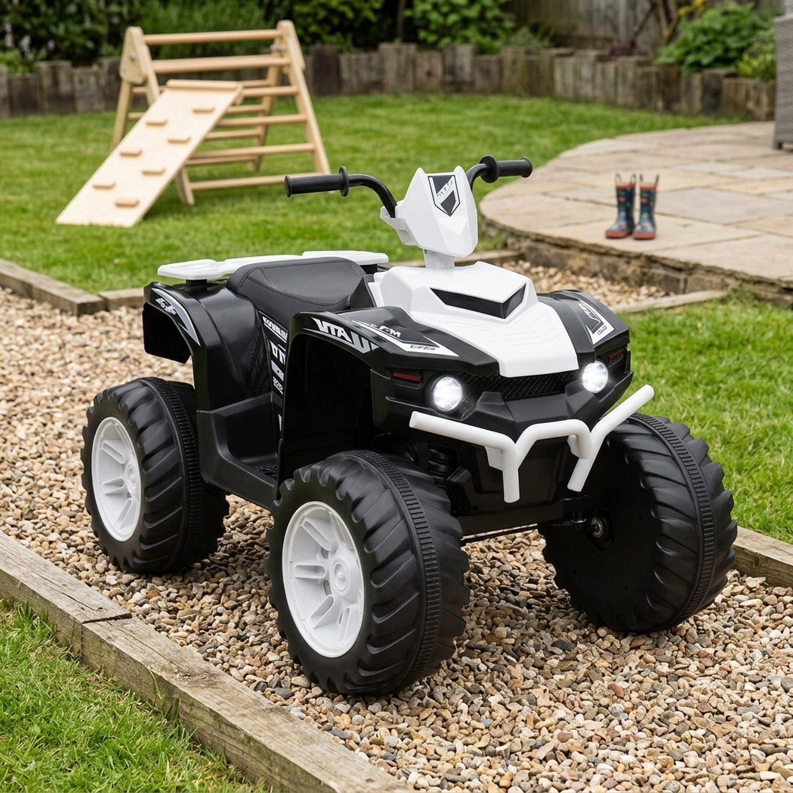 12V Kids ATV 4 Wheeler Quad Ride On Car Treaded Tires LED Headlights High and Low Speed and USB Music Ages 3-7 White
