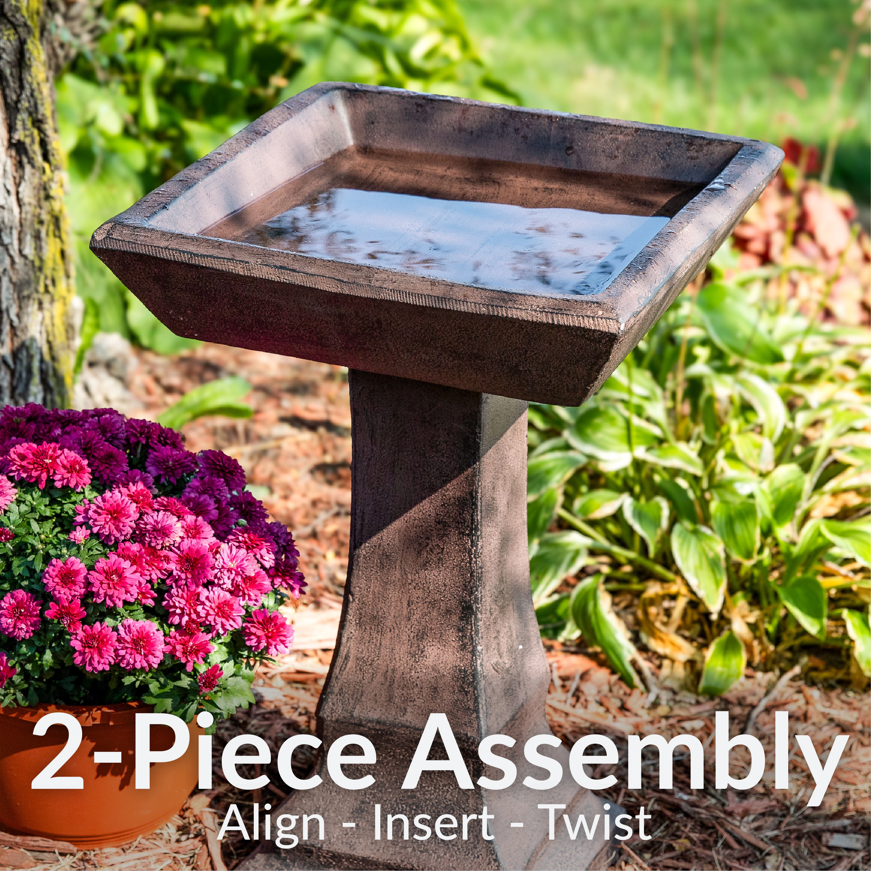Sunnydaze Square Concrete Bird Bath for Outdoors, 23” H, Brown