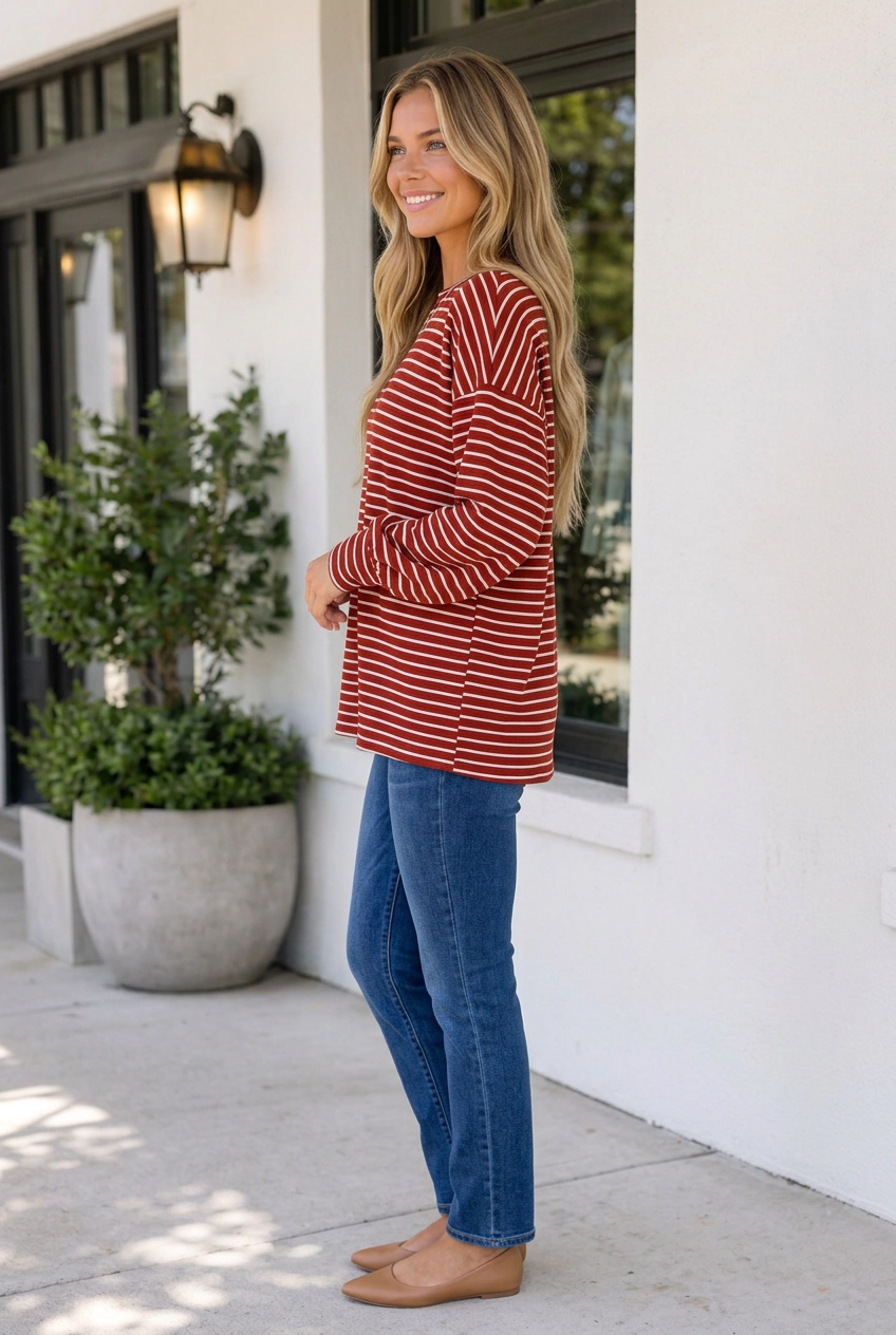 Threaded Pear Women's Wandah Stripe Drop Shoulder Long Sleeve Top