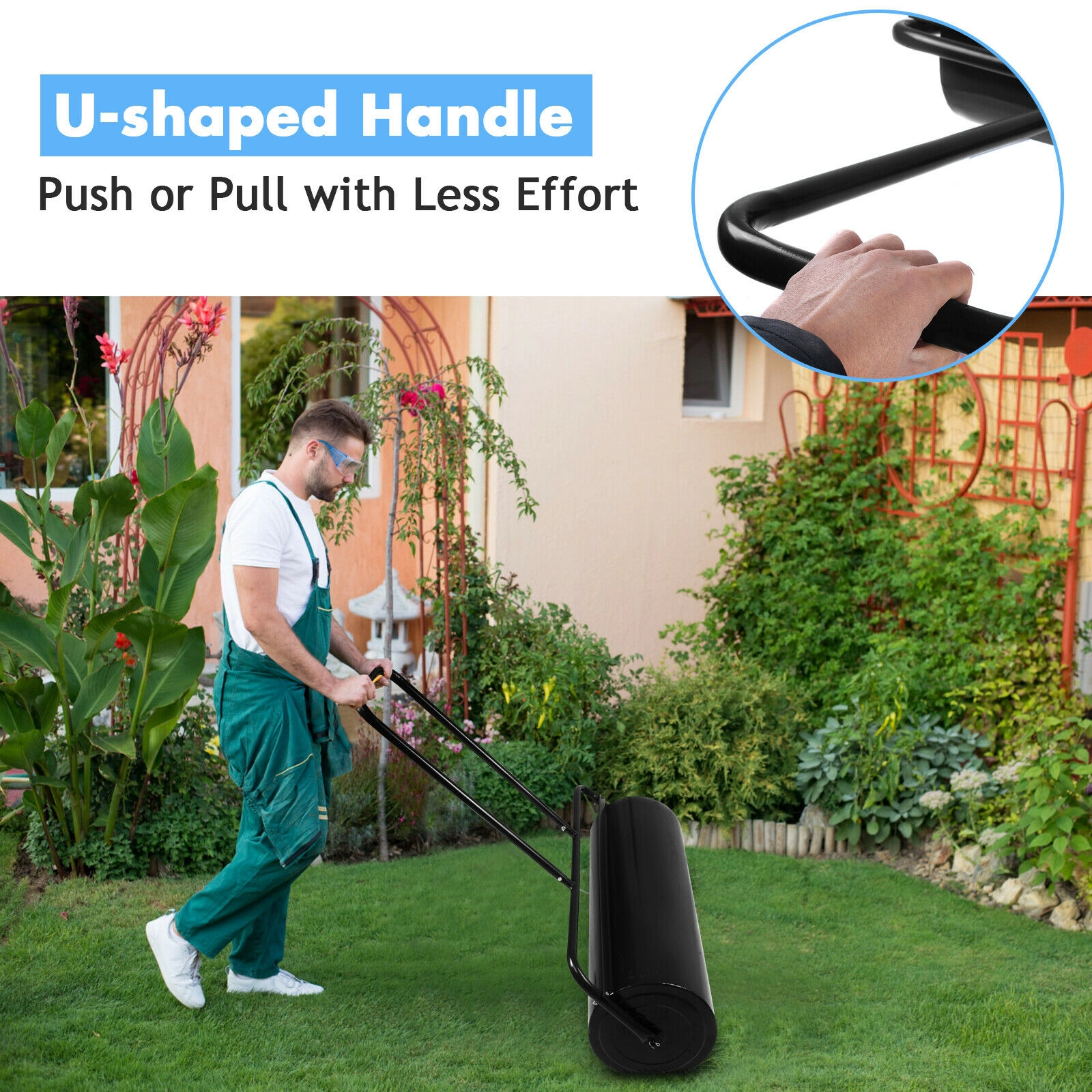 SUGIFT 24 x 13 in Lawn Roller Black Water Filled Steel Push and Tow Roller