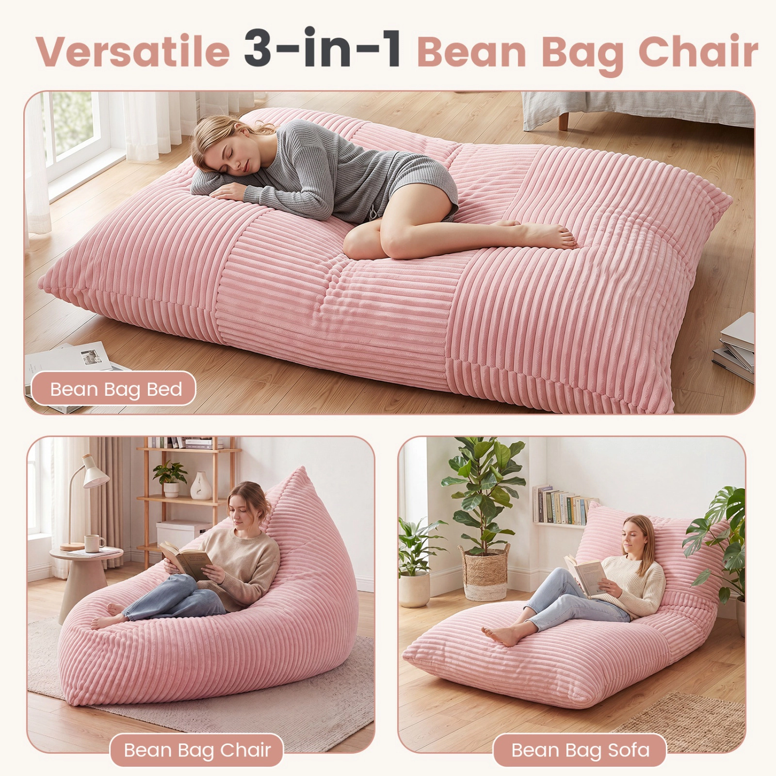 SUGIFT 3-in-1 Large Corduroy Bean Bag Chair Bed and Sofa 73 x 53 in Pink