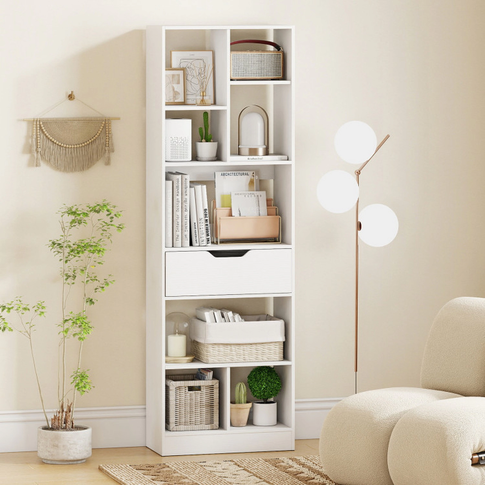SUGIFT 61-in Tall Freestanding Bookcase with Drawer 8-Cube Storage Organizer 187-lb Capacity White
