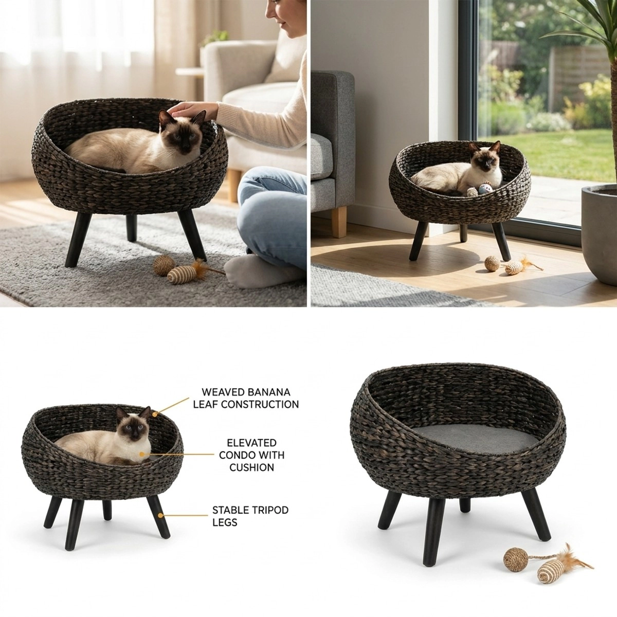 212 Main PawHut Weaved Cat Bed & Elevated Hand-Woven Braided Banana Leaf Kitten House Condo with Cushion