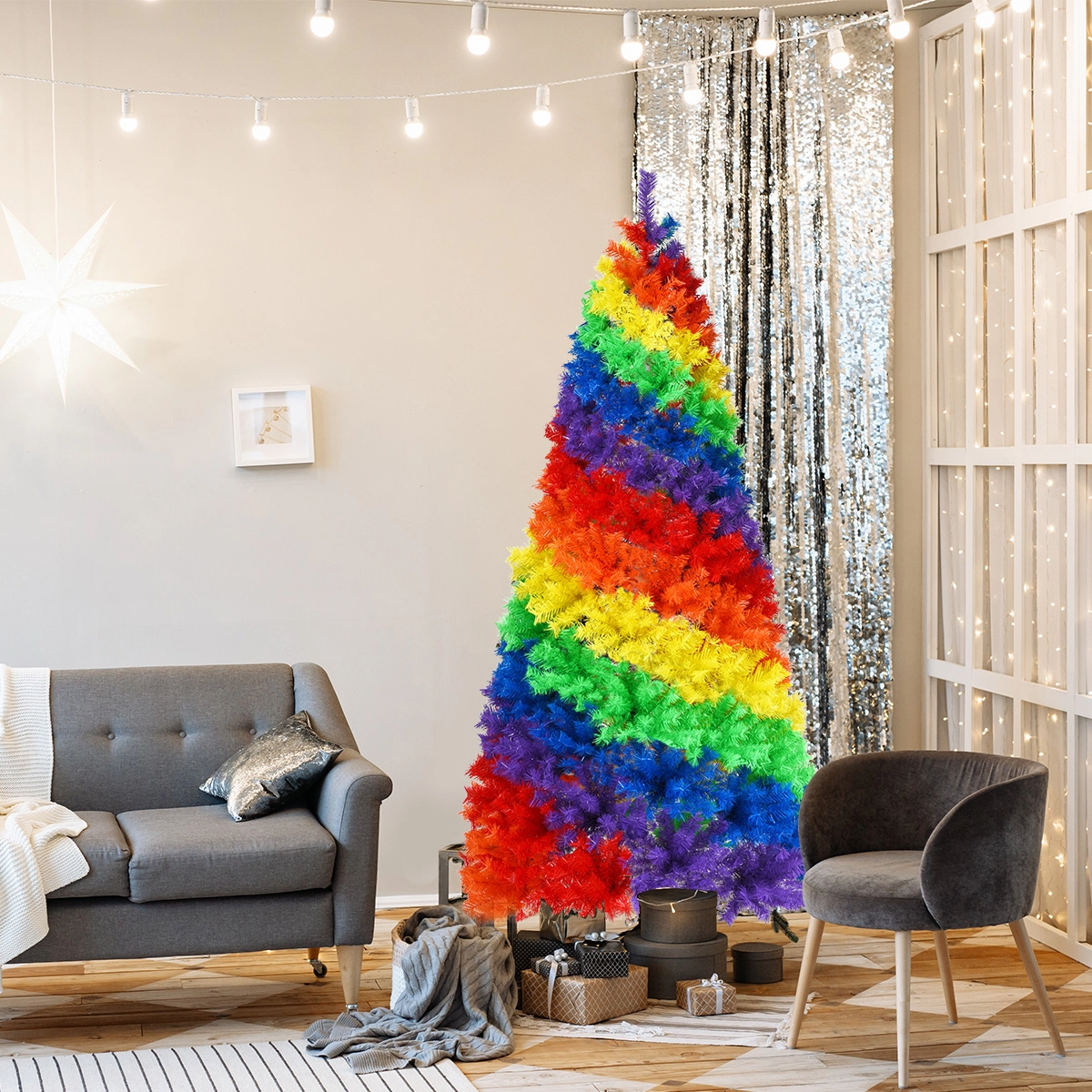 SUGIFT 7 ft Rainbow Christmas Tree Multicolor Artificial Hinged Tree with Metal Stand