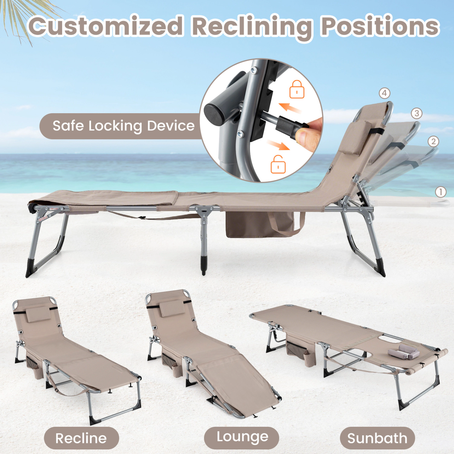 LJG Set of 2 Tanning Chairs with Face Arm Holes Portable 4-Level Backrest