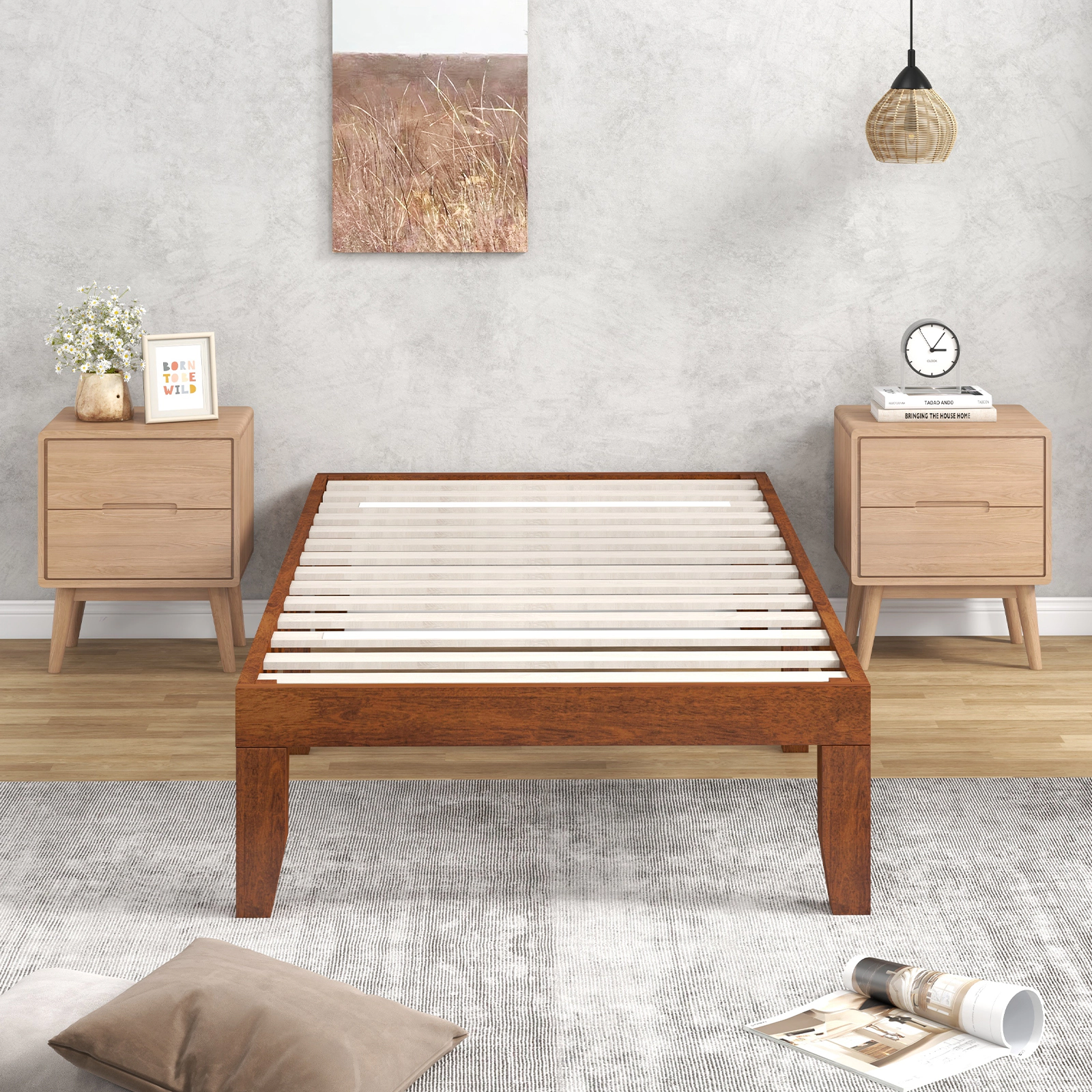 SUGIFT 14-In Twin Rubber Wood Platform Bed Frame Slat Support 250-Lb Capacity 10.5-In Under-Bed Storage Walnut Finish