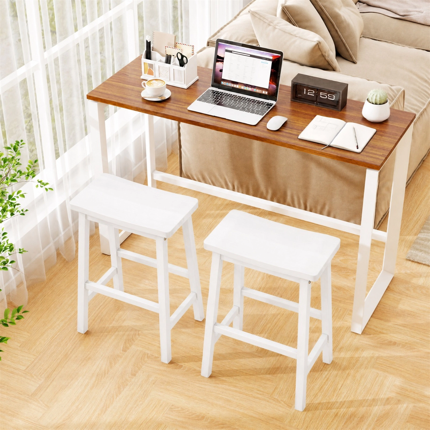 LJG Set of 2 Saddle-Seat Counter Height Stools with Curved Seat and Footrests