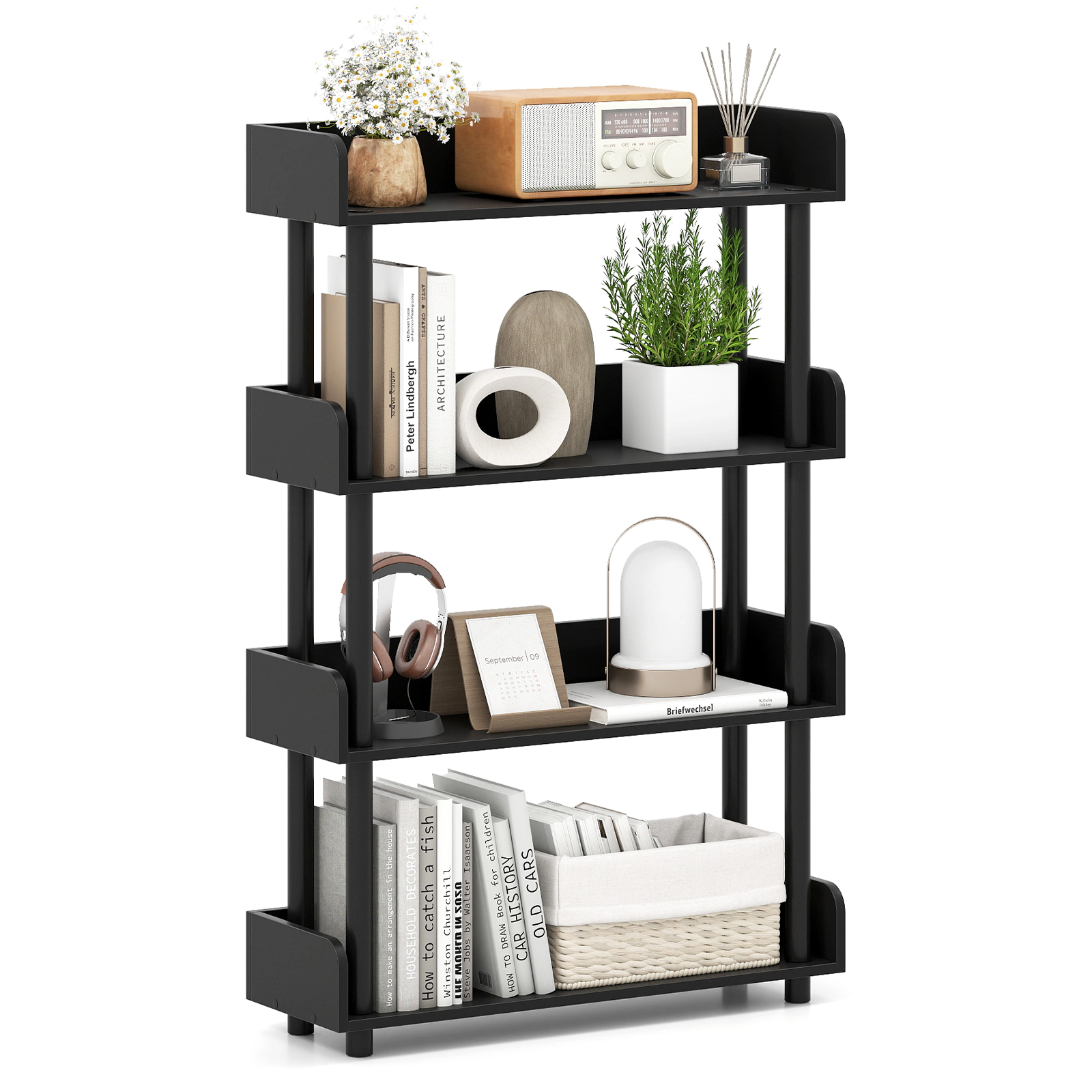 SUGIFT Black 4-Tier Open Bookcase with Anti-Tipping Kit and 4 in Guardrails