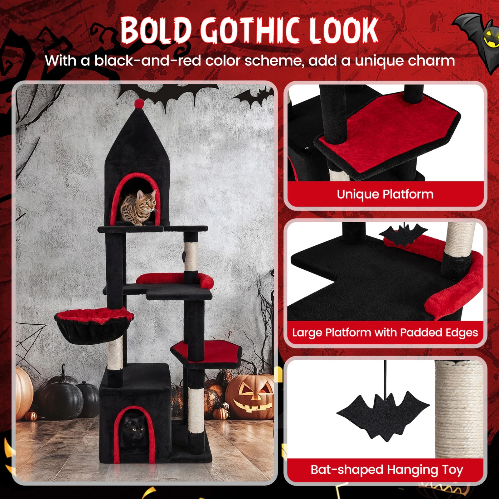 SUGIFT Black 63 in Top Cave Condo for Large Cats 20 lb Plus Gothic Cat Tree
