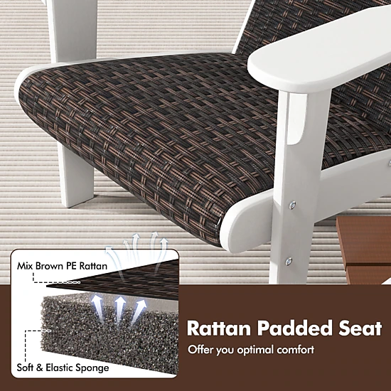 SUGIFT Patio Adirondack Chair White with Rattan Padded Seat and Hidden Cup Holder