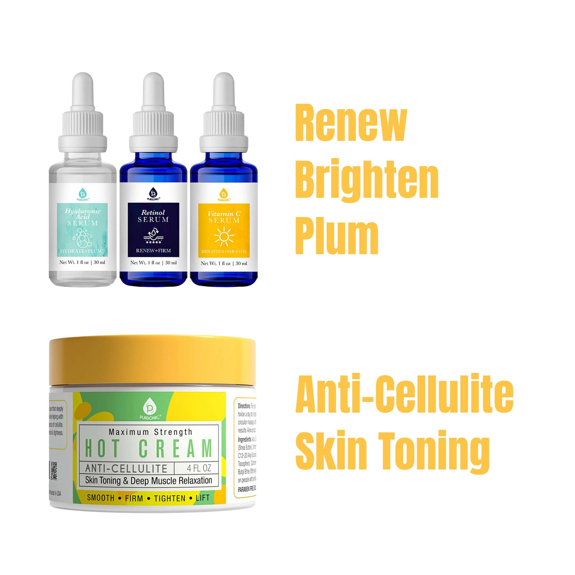 Pursonic Unisex Advanced Skincare & Body Care Bundle – Anti-Cellulite Hot Cream & Anti-Aging Serum Treatment Set