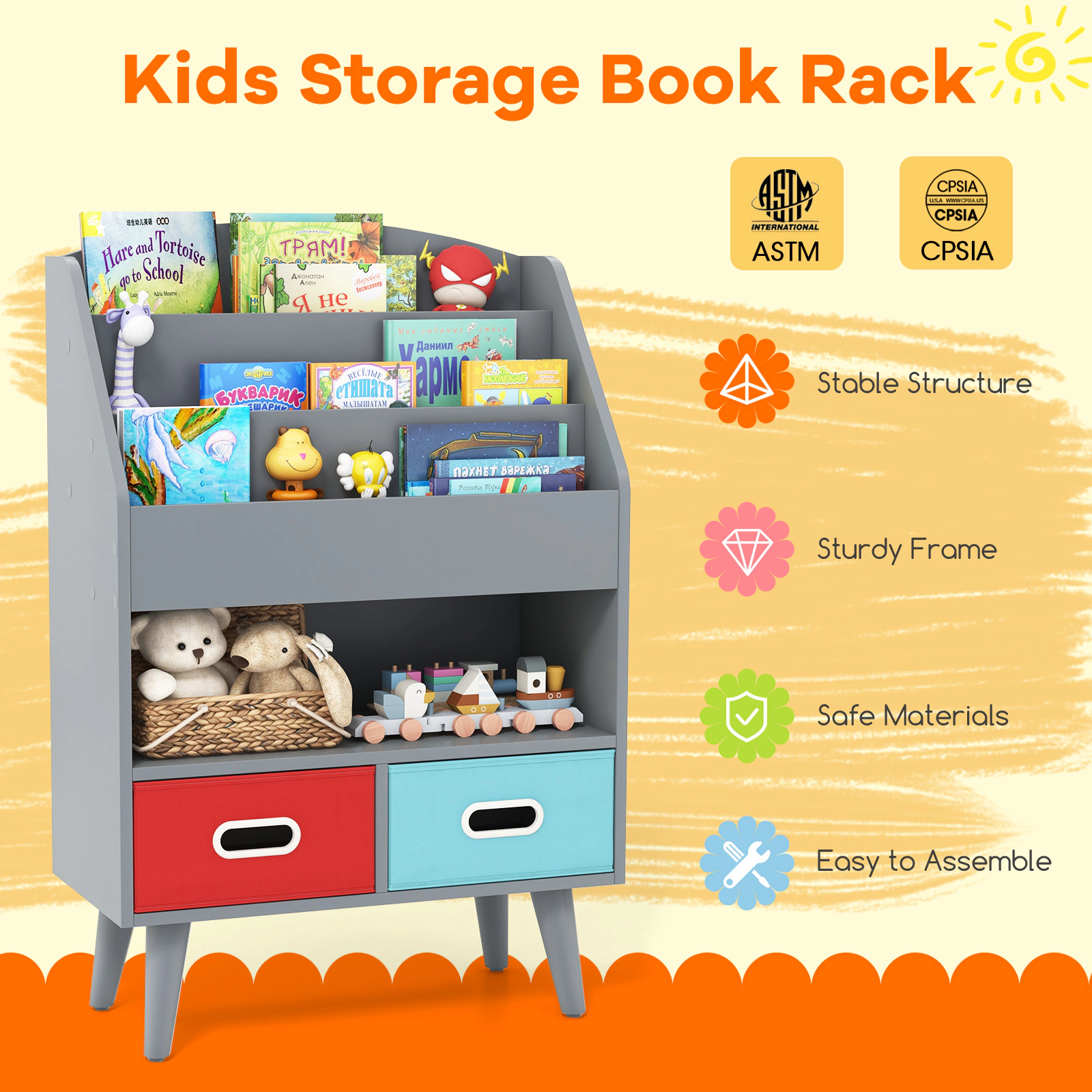 SUGIFT Gray 220-lb 3-Tier Kids Bookshelf and Toy Storage Organizer with 2 Foldable Fabric Drawers