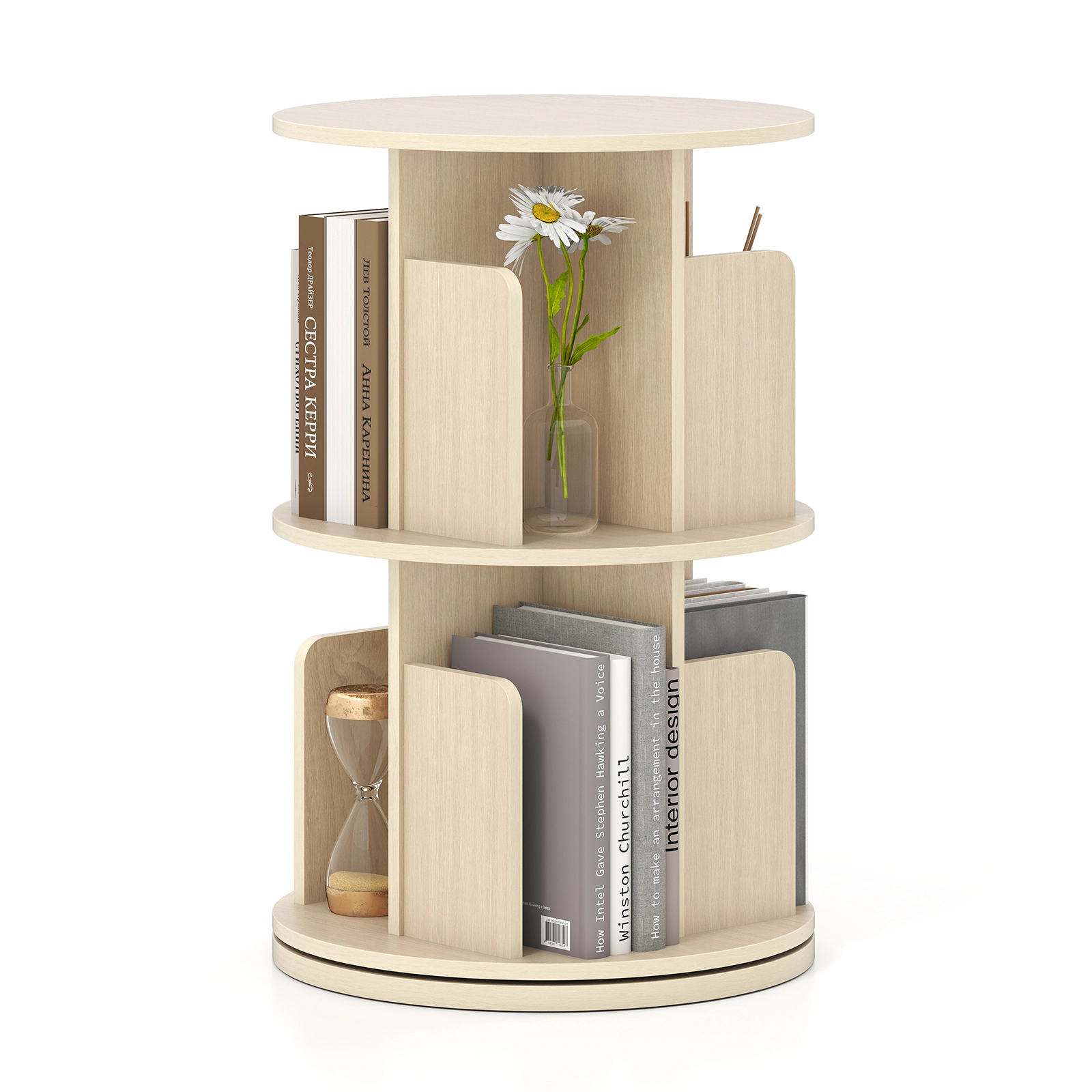 SUGIFT Natural 2-Tier Rotating Bookshelf with Dividers and Anti-Falling Baffles
